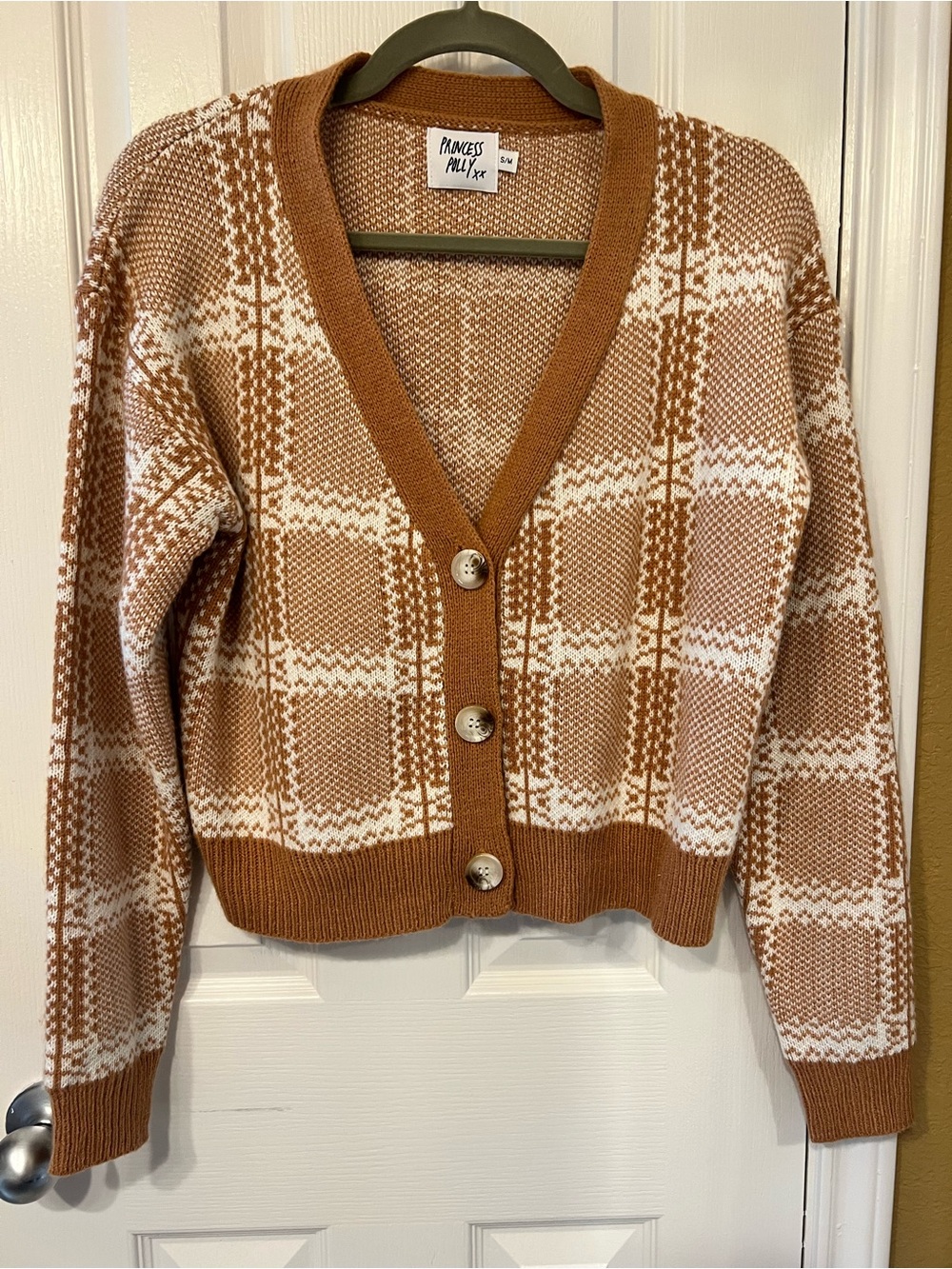 Princess Polly Brown Plaid V-Neck Button Cardigan Sweater, Size S/M